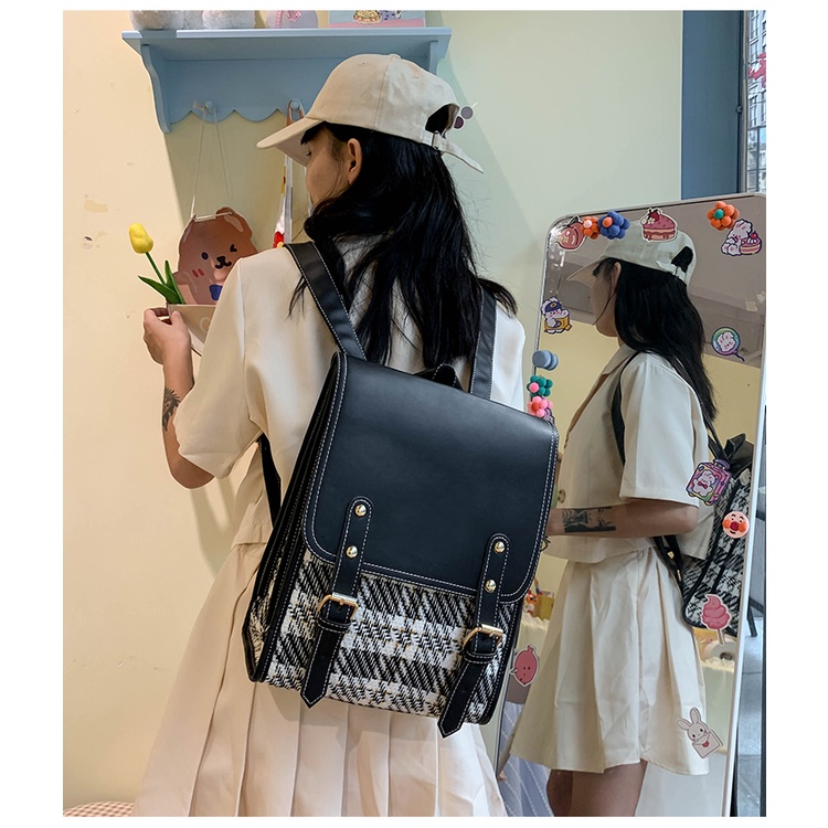 Balo Da Pu Đi Học Cho Nữ Màu Đen Trắng Xanh Phong Cách Vintage Hàn Quốc Cặp Sách Da Kẻ Hình Hộp Chữ Nhật Tiểu Thư Xinh