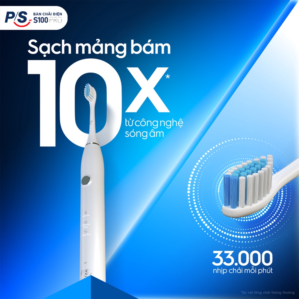 Bàn Chải Điện P/S S100 PRO - Công Nghệ Sóng Âm, Chải Sạch Mảng Bám Tới 10X - Trắng Sáng | BigBuy360 - bigbuy360.vn