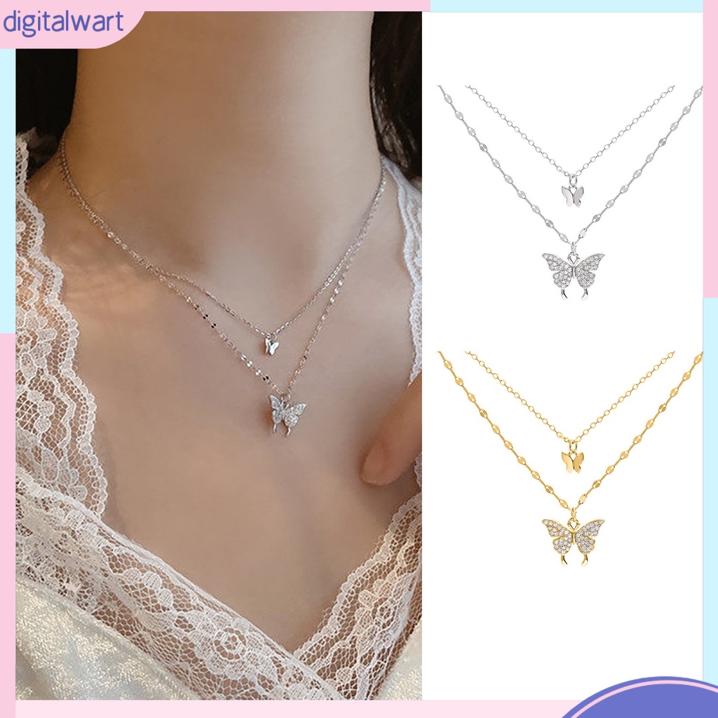 |Đào| Vòng cổ Hai Lớp Mặt Hình Bướm Bằng Hợp Kim Chống Rỉ Sét Thời Trang Cho Nữ