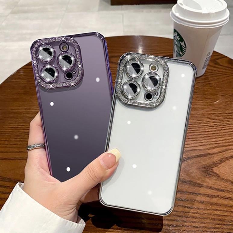 Ốp lưng Meruyi viền màu đính đá camera gắn nhũ cho iPhone 14 Pro Max, 14 Pro, 14 Plus, 13 Pro max bảo vệ camera siêu nổi