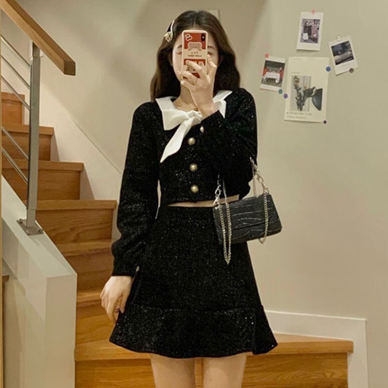 Jiashucheng Bộ Áo Khoác + Chân Váy Nhung Thời Trang Retro Pháp Dành Cho Nữ