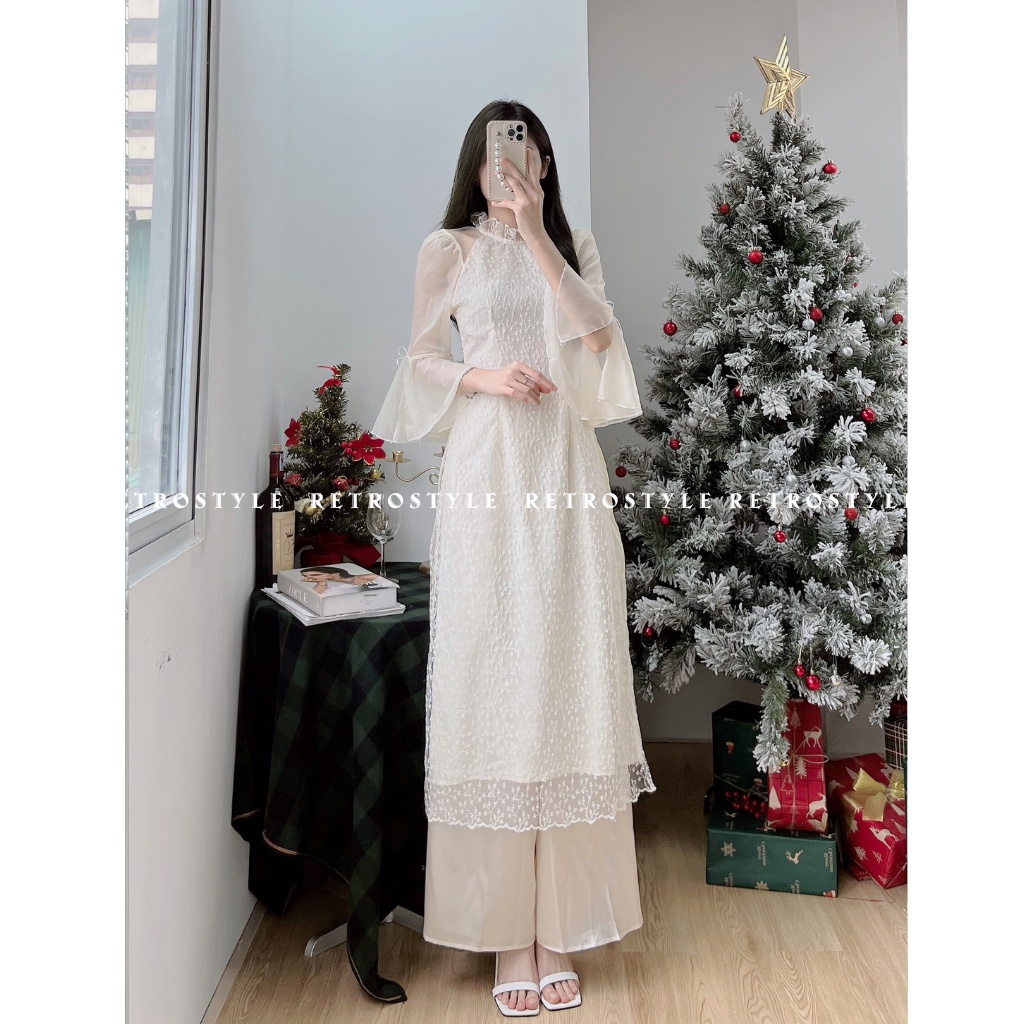 Set áo dài ren hoa nhí cổ bèo tay loe mã Aodaihovaixetayloe300