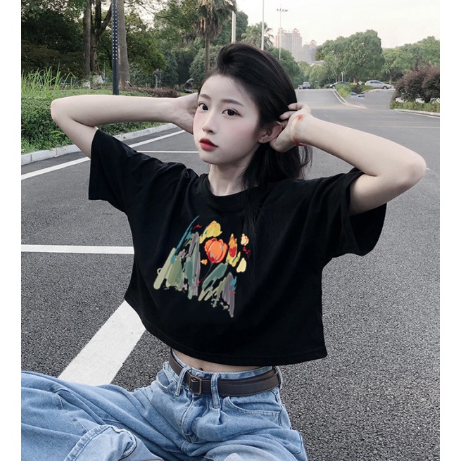 Cocory vn Áo Croptop Tay Ngắn Cổ Tròn Dáng Rộng In Chữ Thời Trang Cá Tính Cho Nữ