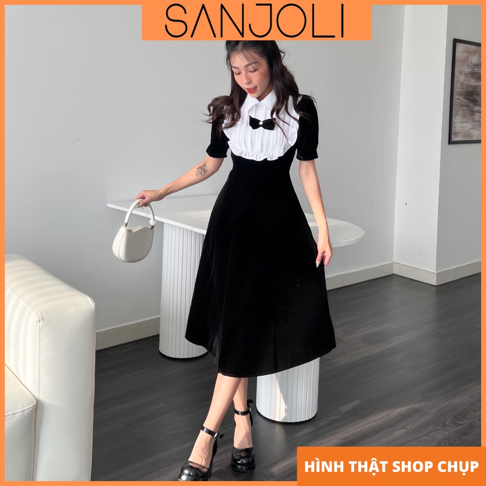 Đầm Dự Tiệc Nhung Đen Cổ Bèo Trắng SANJOLI Váy Babydoll Tiểu Thư Dáng Chữ A Xếp Ly Phong Cách Hàn Quốc VDE07