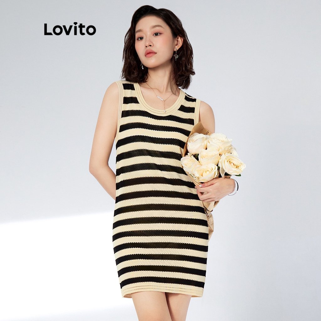210QX Lovito Bình thường Đầm len đan nữ sọc L33AD092 (Nhiều màu)