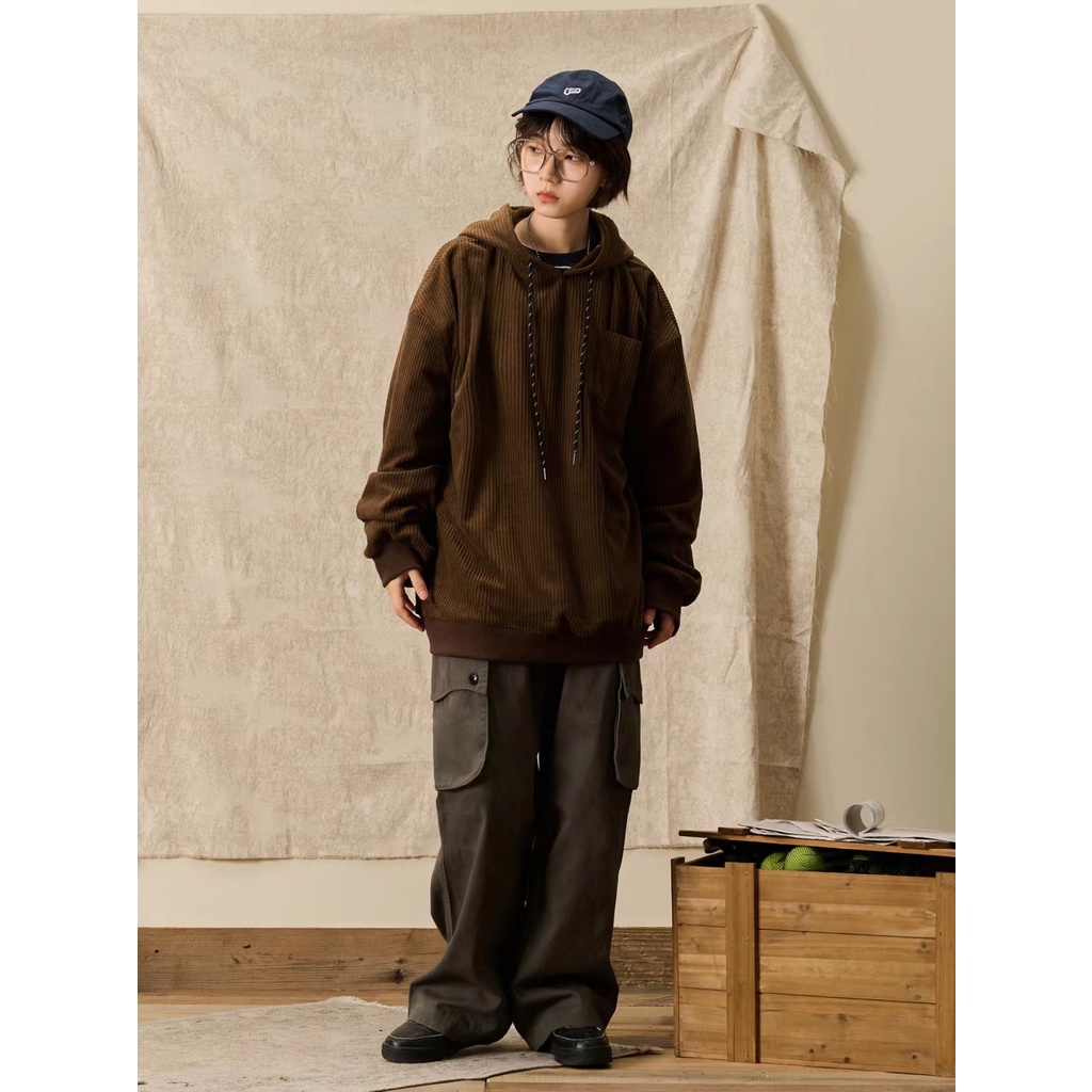 Áo Hoodie Nhung Áo Hoodie Dáng Rộng Phối Túi Thời Trang Retro Đơn Giản Cá Tính Cho Nam áo hoodie nữ form rộng