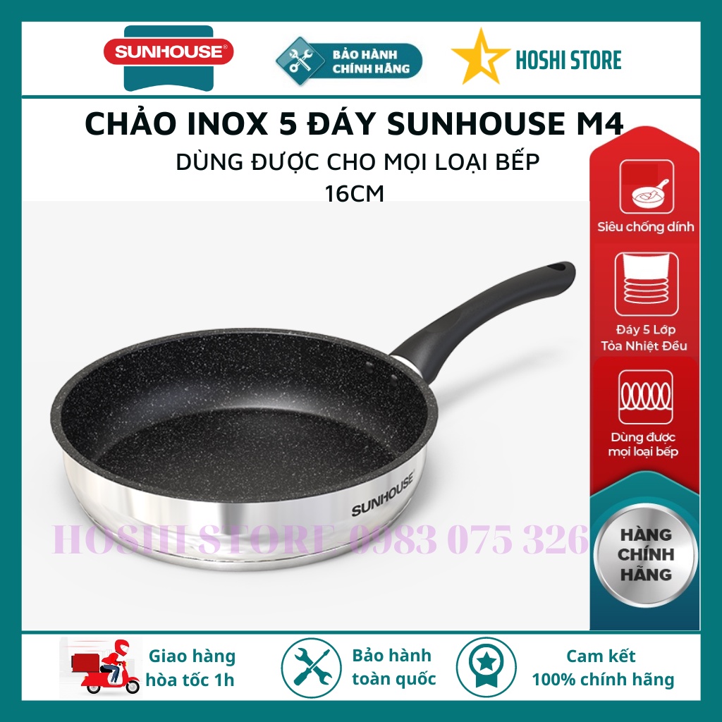 Chảo inox 5 đáy chống dính cao cấp Sunhouse SH16M4, kích thước 16cm, dùng được mọi loại bếp