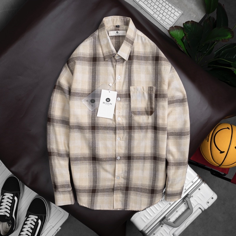 Áo Sơ Mi Nam Mẫu Caro Thanh Vàng Nhạt BEACON DENIM Form Rộng SMCRR428