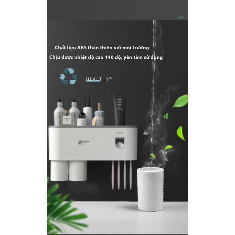 Bộ Nhả Kem Đánh Răng Tự Động - Kệ Treo Bàn Chải Dán Tường Kèm Cốc Hút Nam Châm，Không đấm và không làm hỏng tường