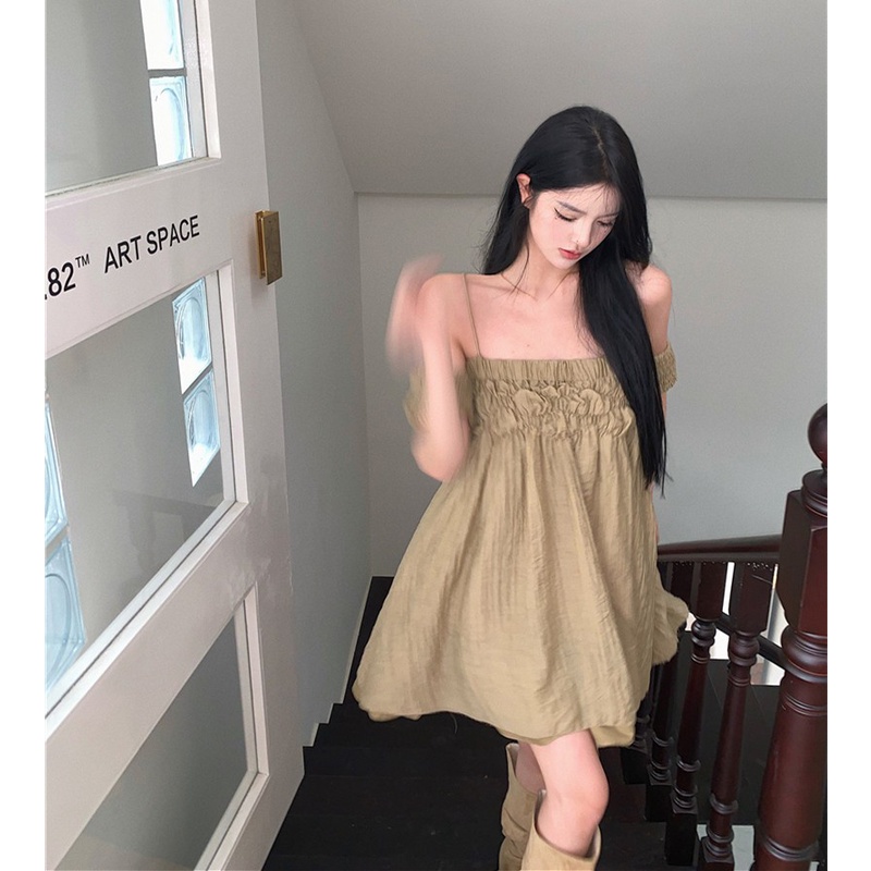 Váy babydoll trễ vai màu rêu cá tính AK3149
