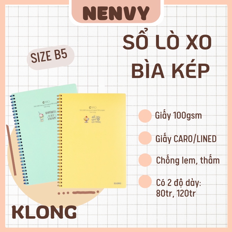 [Nenvy] Sổ lò xo bìa kép Klong B5, sổ Caro B5