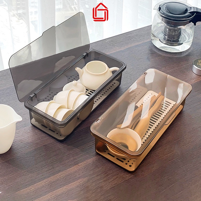 Hộp đựng thìa dĩa có nắp đậy, hộp đựng đồ dùng đa năng đựng khẩu trang,cọ trang điểm chống bụi thoát nước hiệu quả HDBTS