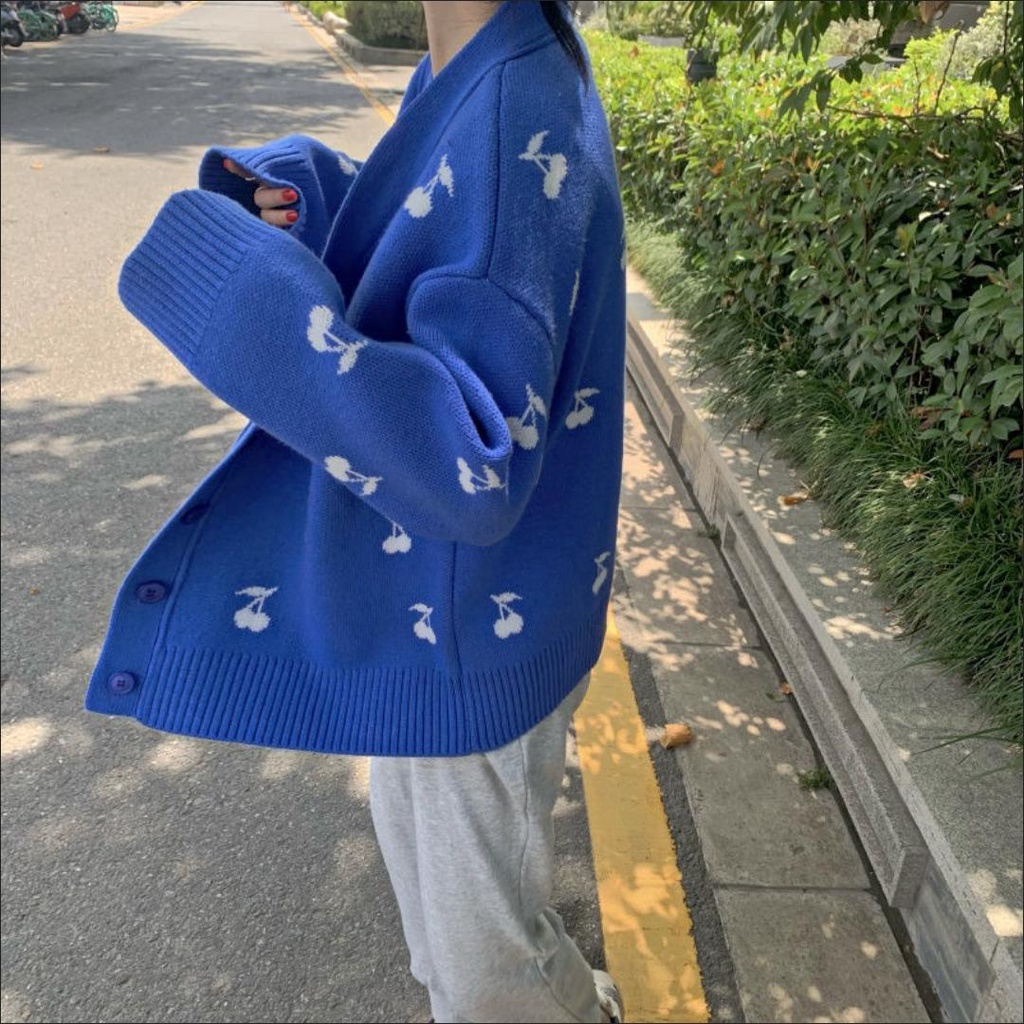 Cardigan họa tiết cherry anh đào màu / xanh biển chất mịn