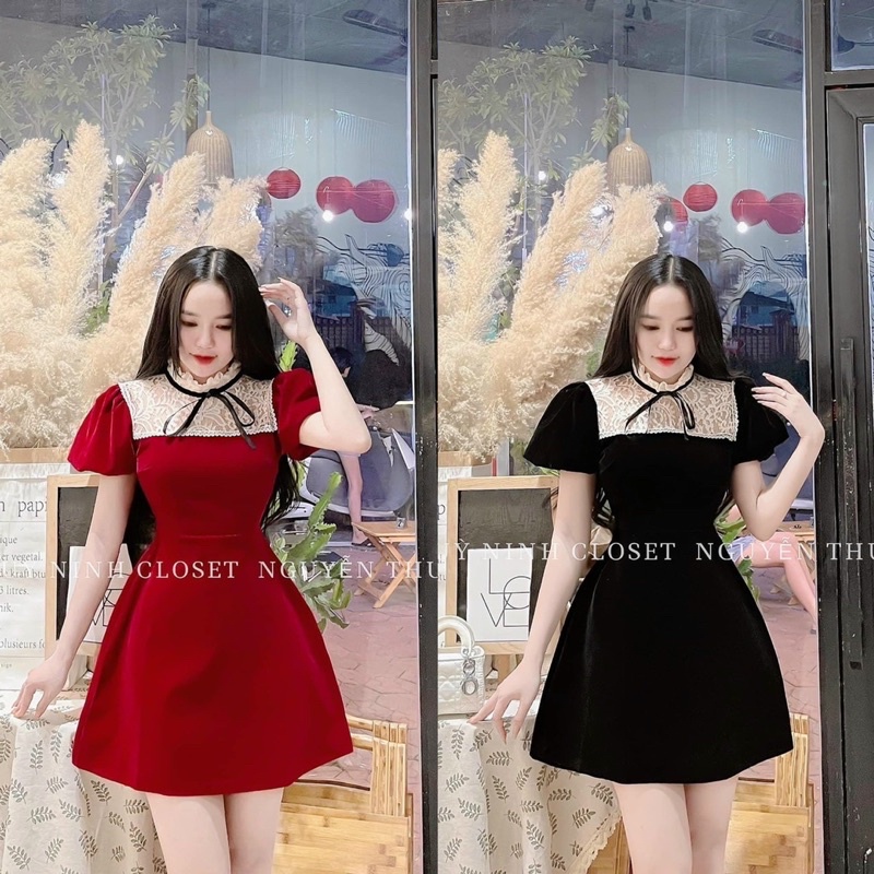 Đầm nhung phối ren cổ bèo cột nơ tiểu thư
