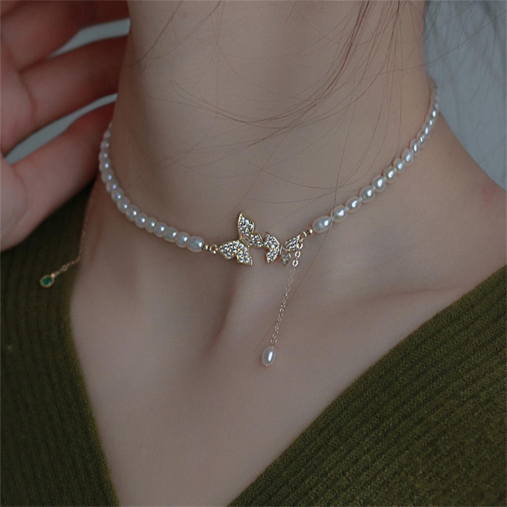 Vòng cổ Mặt Hình Bướm Màu Sắc Ngọc Trai Phong Cách Cổ Điển Thời Trang Cho Nữ