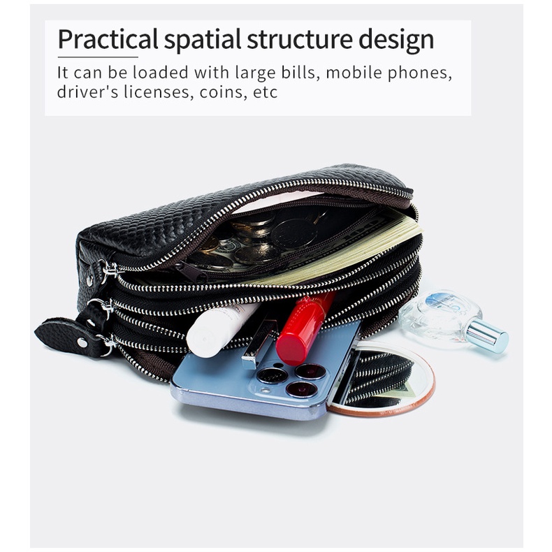 Túi Xách Da Bò Thật Họa Tiết Hạt Dưa Khóa Kéo Ba Lớp Thời Trang Mới Cho Nữ