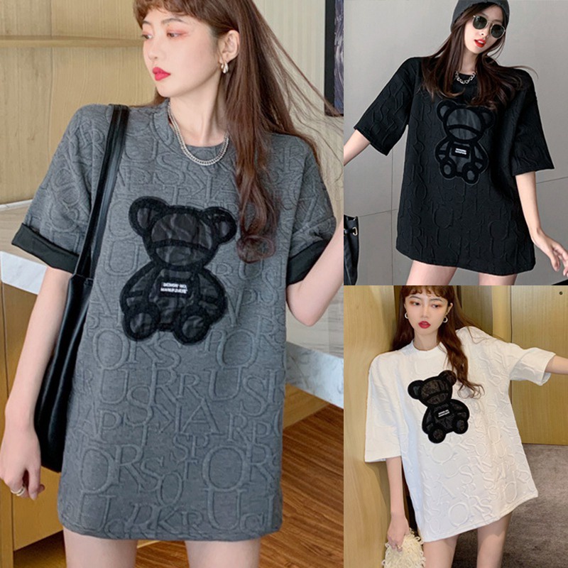 Áo Thun Tay Ngắn Cổ Tròn Thêu Hình Gấu Dễ Phối Đồ Thời Trang Cho Nữ