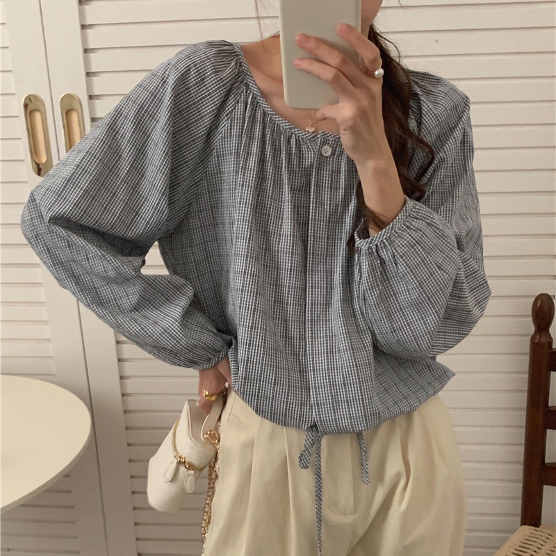 SUXI Áo Kiểu Tay Dài Cổ Tròn Dáng Rộng Kẻ Sọc Phối Dây Rút Thời Trang Hàn Quốc Cho Nữ
