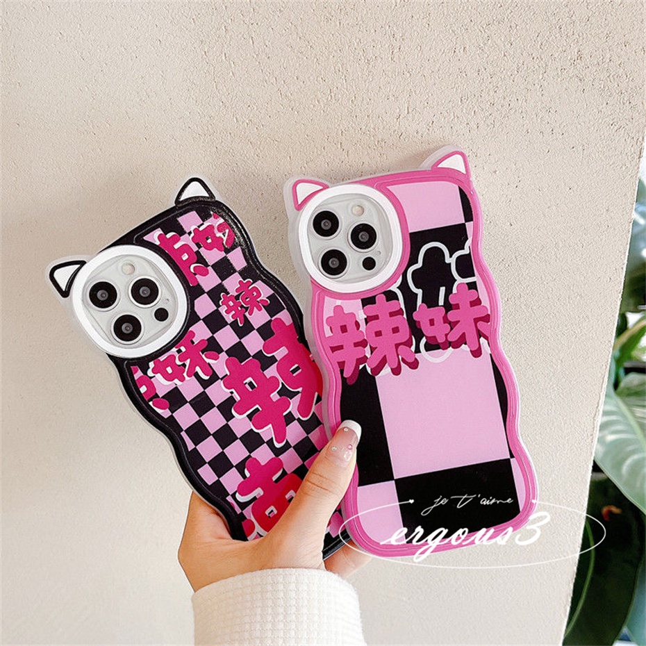 Cat EarỐp Điện Thoại Tpu Dẻo Họa Tiết Kẻ Ô Vuông Đen Hồng Cho IPhone 14 13 12 11 Pro Max SE2020 X XR Xs Max 7 8 6 6s Plus