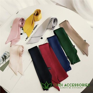 Khăn lụa satin trơn dáng dài thắt nơ cổ áo, túi xách phong cách thời trang - Y124
