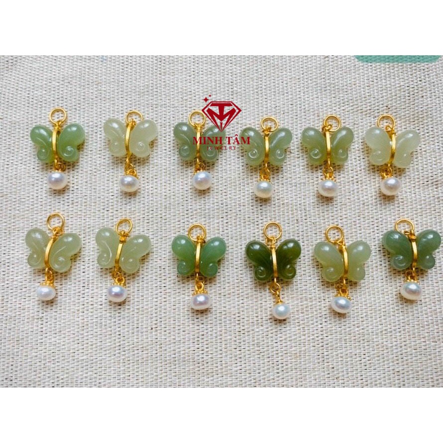 Charm hồ điệp Ngọc hòa điền thiên nhiên mix trai nuôi móc treo bạc xi vàng