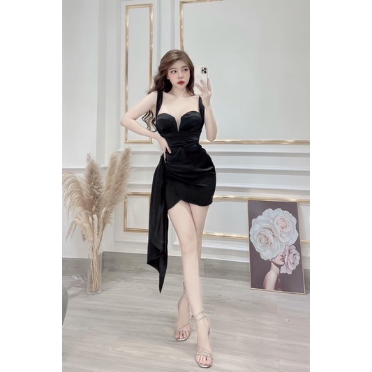 Đầm Body Hai Dây Xẻ Ngực Bo Eo Tà Nhún Đắp Chéo Nơ Eo - Vải Lụa Dày - Cho Nàng Đi Tiệc -NV387