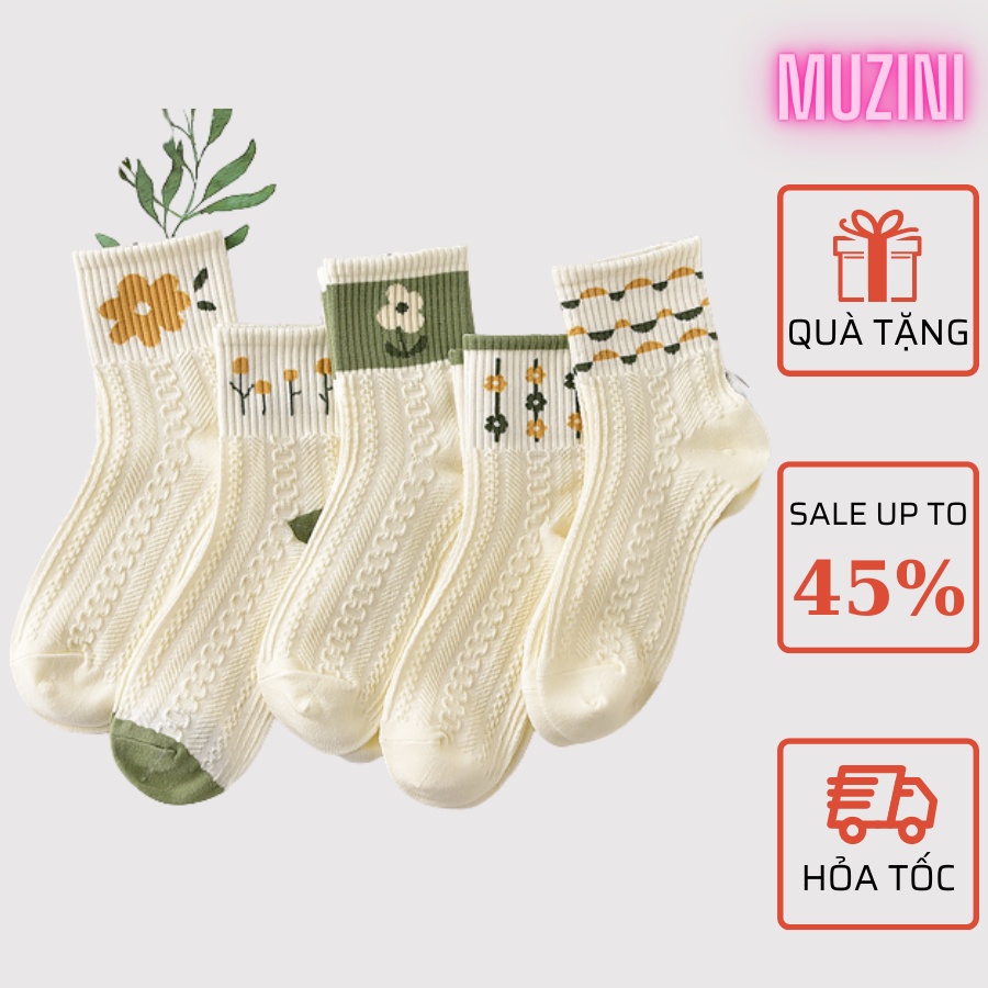 Vớ nữ Muzini tất cổ cao họa tiết xanh mát phong cách bánh bèo hàn quốc cute TN62