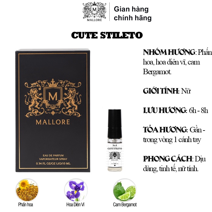 Nước hoa nữ Mallore Cute Stileto ngọt ngào, quyến rũ, sang trọng. Nước hoa mini gợi cảm 10ml dạng xịt tiện lợi