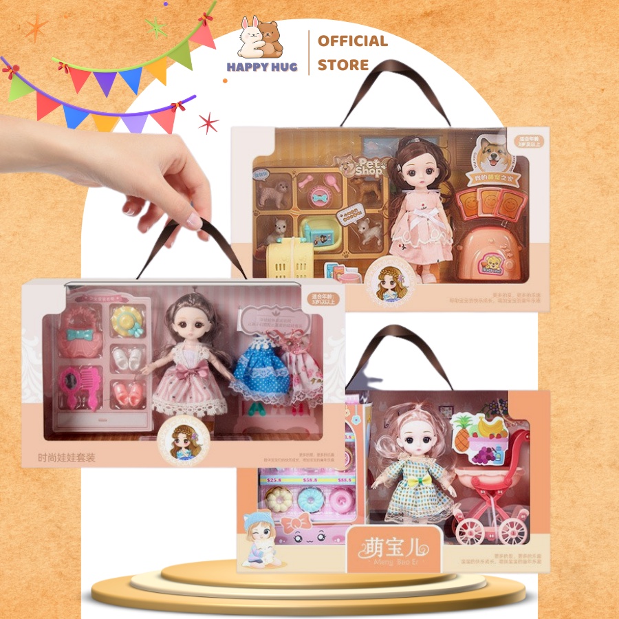 Bộ đồ chơi búp bê cho bé gái kèm phụ kiện siêu xinh, hộp quà tặng có quai xách - Happy Hug