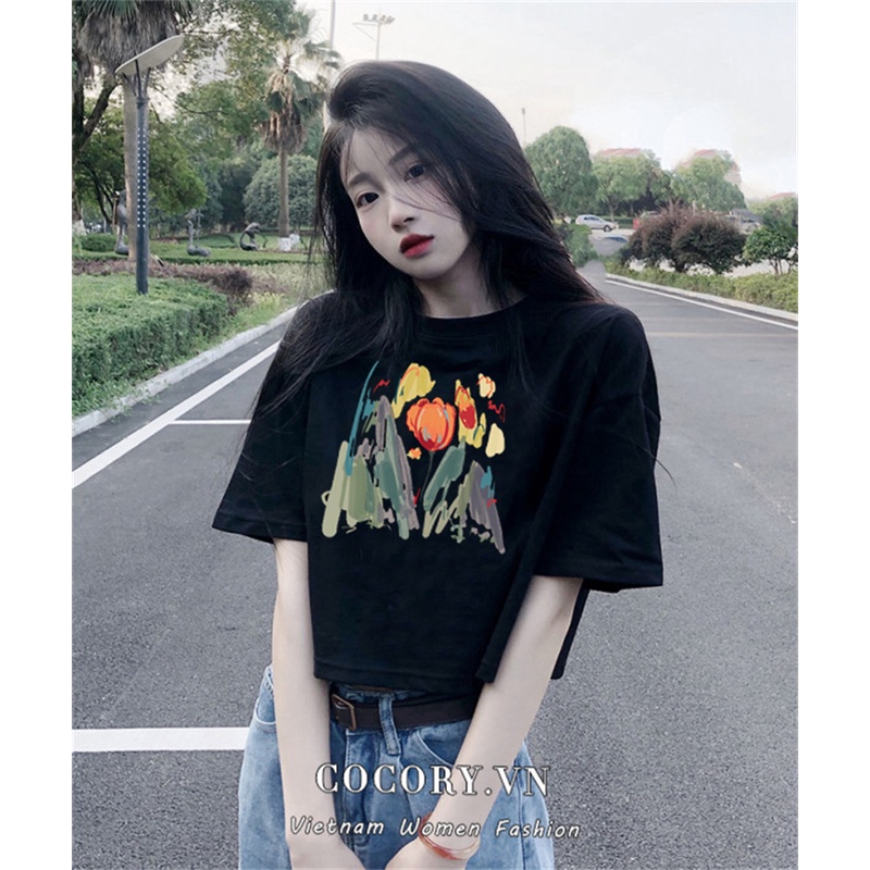 Cocory vn Áo Croptop Tay Ngắn Cổ Tròn Dáng Rộng In Chữ Thời Trang Cá Tính Cho Nữ