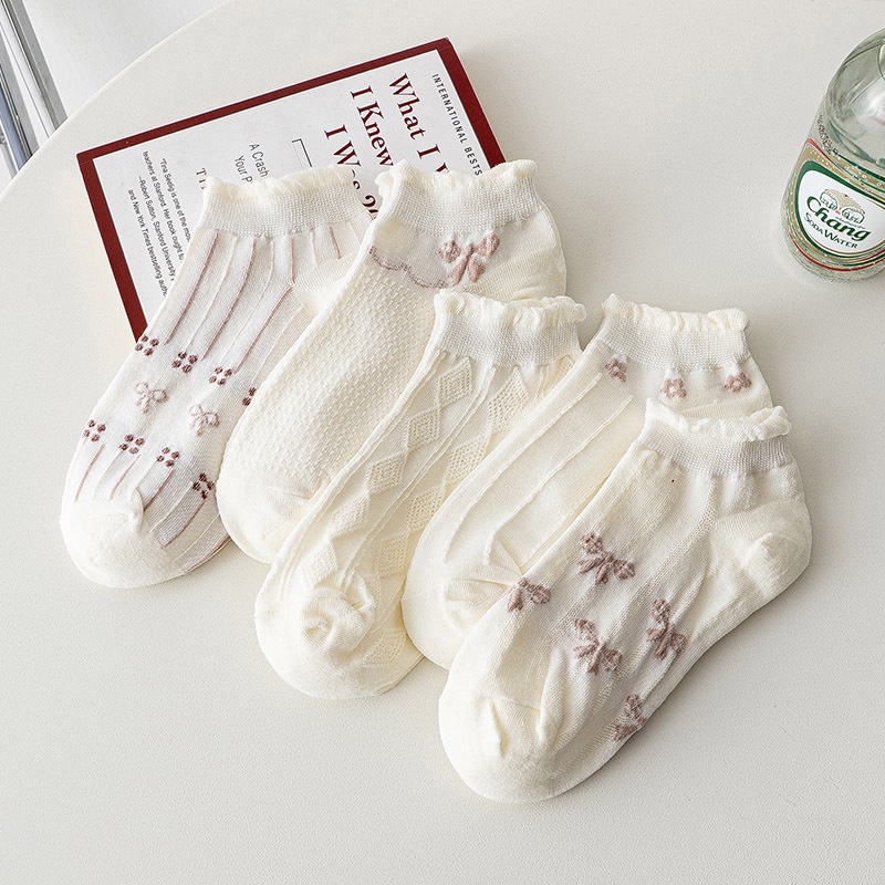 Set 5 Đôi Vớ Cổ Thấp Phối Ren Thoáng Khí Mềm Mại Thời Trang Mùa Đông Cho Nữ