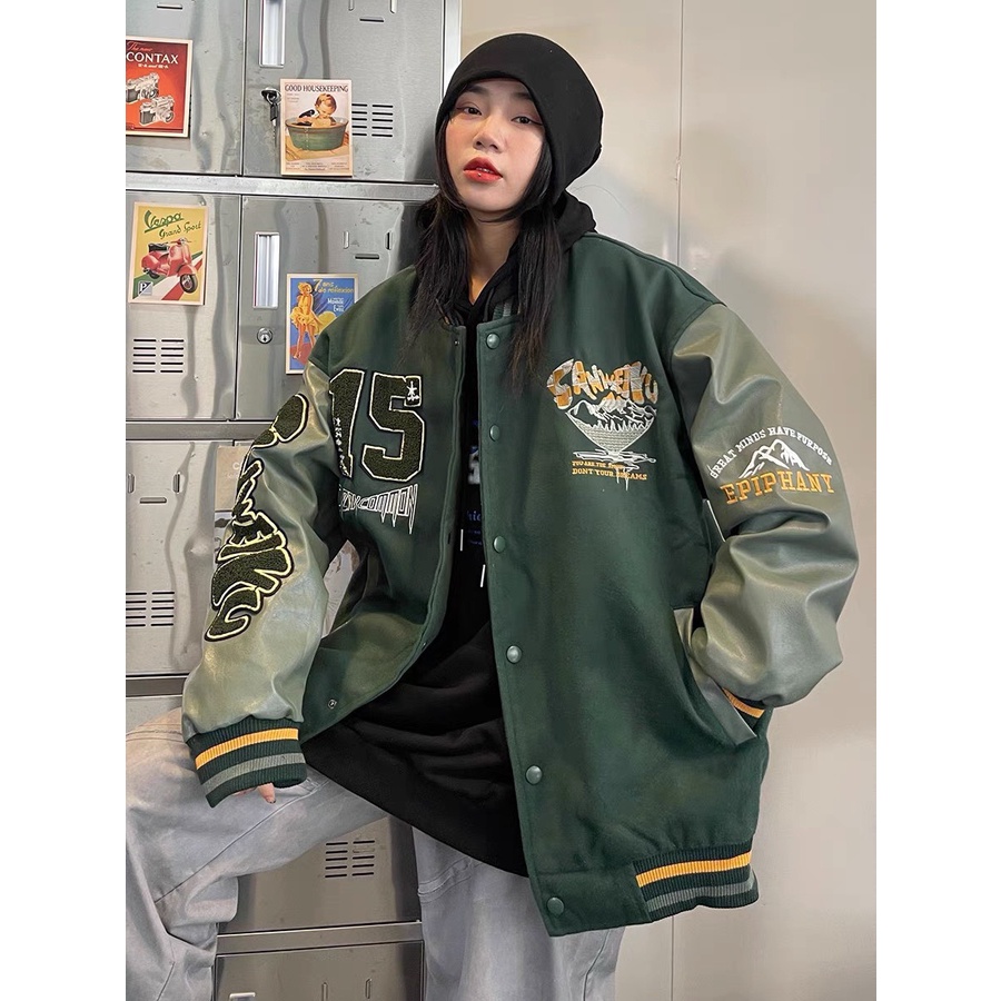 Áo khoác bomber varsity jacket horror patagonia tay da thêu