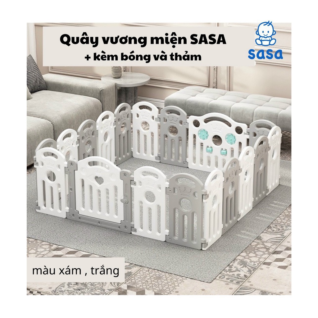 Quây cũi nhựa Vương Miện Sasa Trắng Xám 161x161x60cm (Kèm Thảm và Bóng)