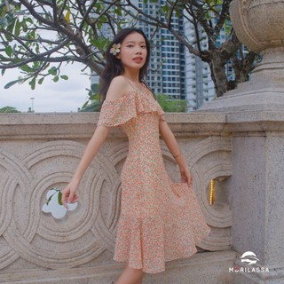 Đầm 2 dây trễ vai họa tiết hoa nhí MORILASSA