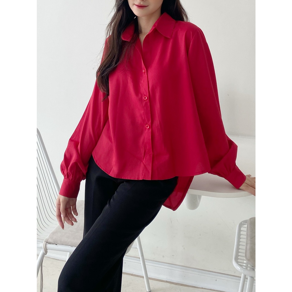 YU CHERRY | Áo sơ mi nữ tay bồng đuôi cá Freesize Basic Shirt YA432