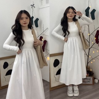 Đầm len gân khoét vai tay dài form rộng xoè tùng 2 màu freesize Pumi