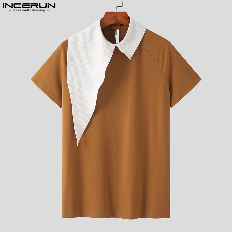 Áo thun INCERUN tay ngắn có cổ phối màu độc đáo thời trang cá tính dành cho nam
