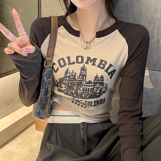 Áo thun crop top SUXI tay dài cổ chữ V dáng ôm thời trang mùa thu phong cách vintage dành cho bạn nữ