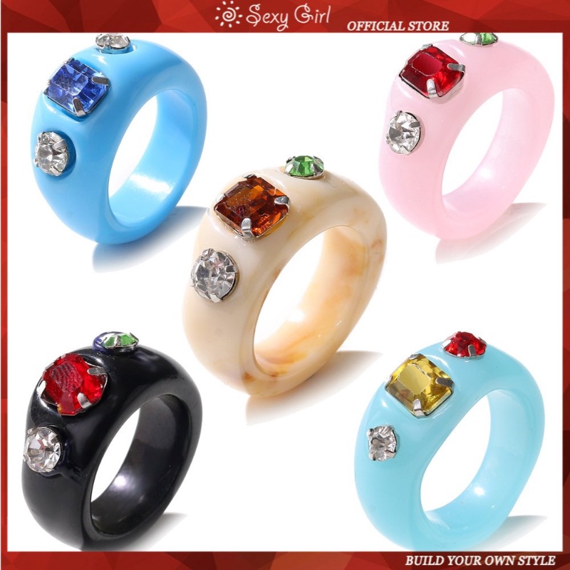 Nhẫn acrylic đính đá giả nhiều màu tùy chọn phong cách retro