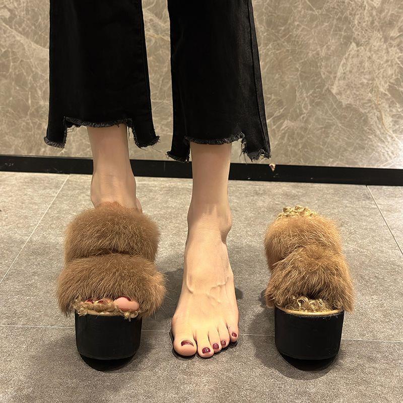Dép Bông Đi Trong Nhà Bằng Cotton Phối Lông Thỏ Nhân Tạo Hai Quai Ngang Phong Cách Hàn Quốc Dành Cho Nữ
