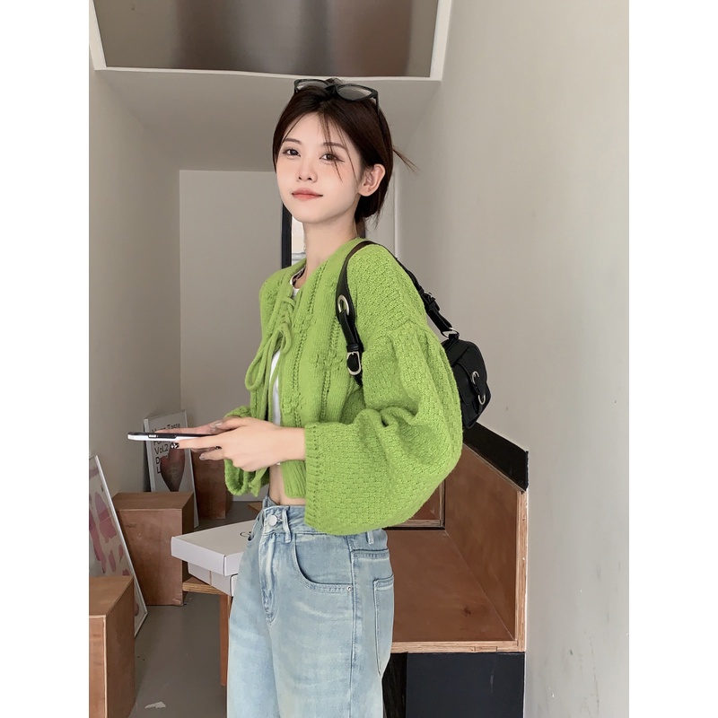 Áo khoác cardigan ZHELIHANGFEI dệt kim tay dài dáng ngắn phối dây buộc xinh xắn cho nữ
