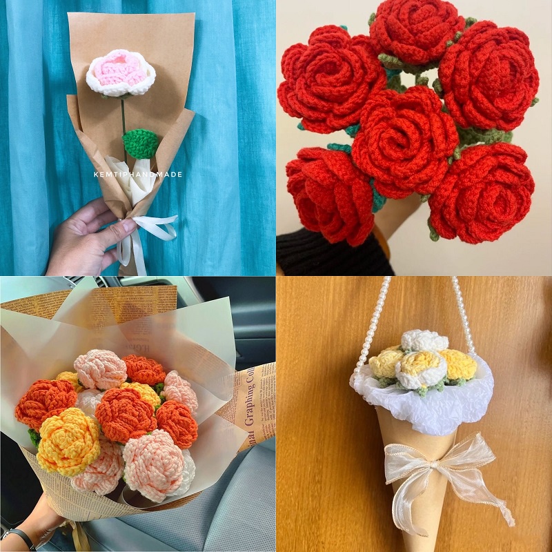 Bó hoa hồng len móc tay thiết kế nhiều màu quà tăng (Hàng có sẵn)