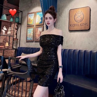 Đầm thun nhũ bẹt vai ôm body dáng ngắn trơn khoe bờ vai cực sexy , chất nhũ mềm mát