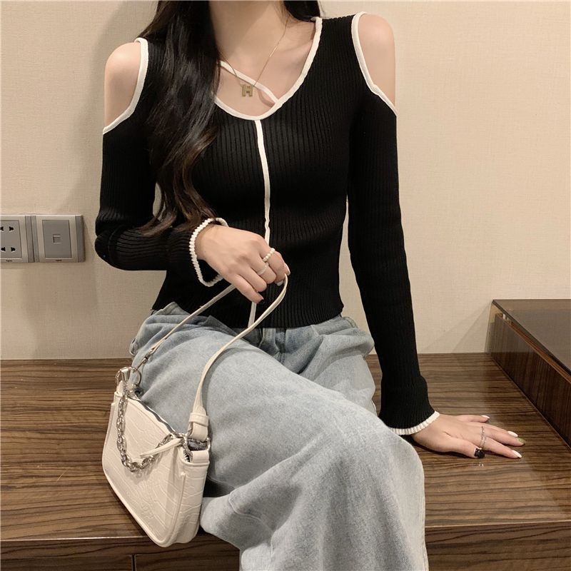Áo Sweater Dệt Kim Tay Dài Cổ Chữ V Hở Vai Thời Trang Mùa Thu Cho Nữ