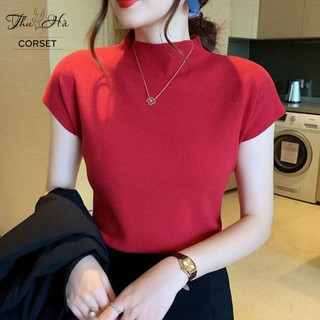 Áo len dáng rộng mềm mịn cộc tay, áo len cổ cao 3p ngắn tay