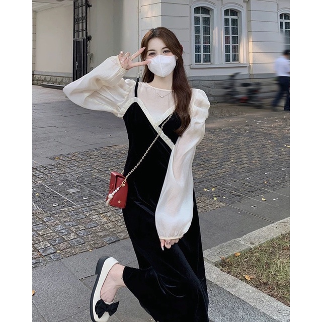 (Có ảnh thật + video) Set áo voan cổ tròn tơ tay dài mix yếm nhung 2s viền bèo Un.style