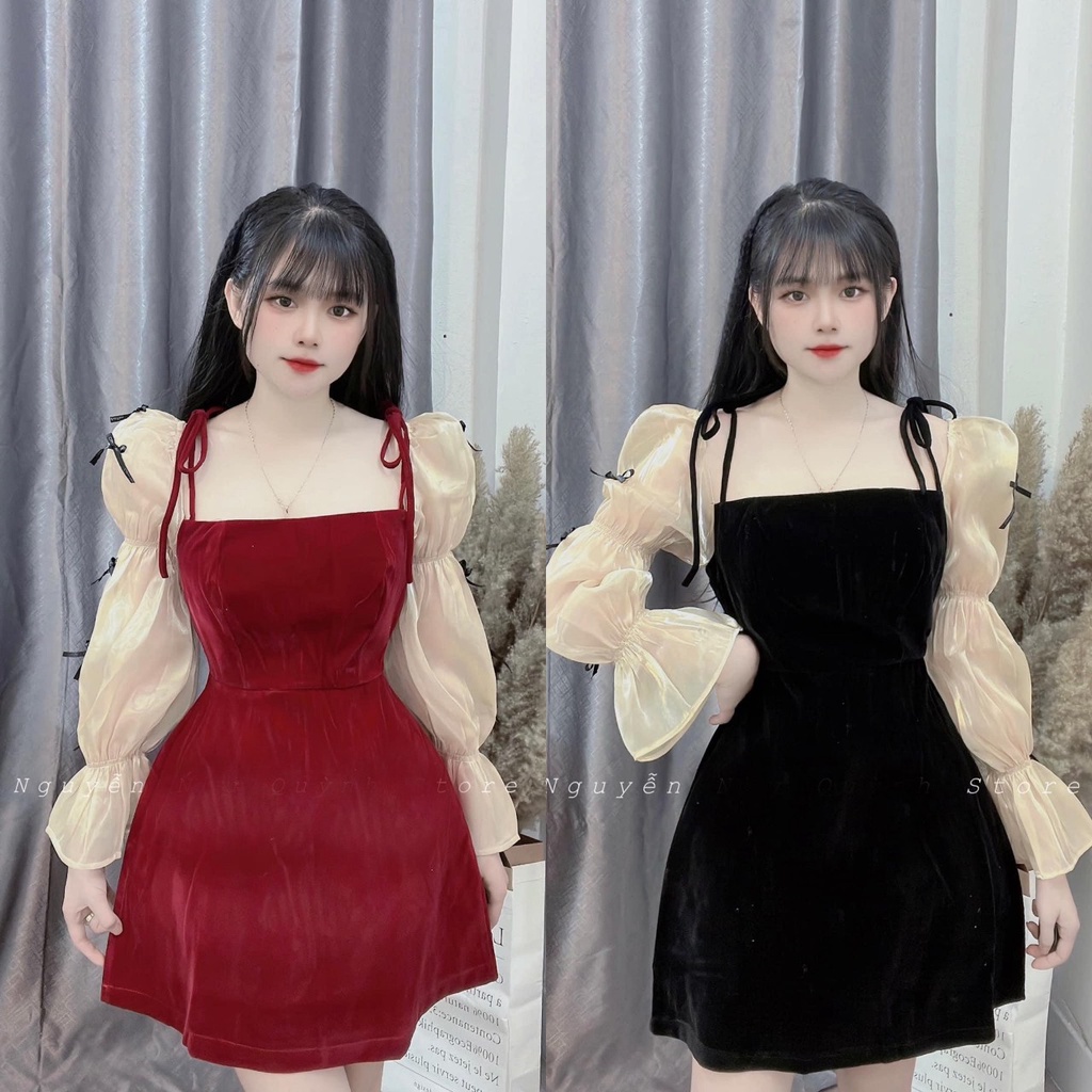 Đầm nữ dự tiệc sang trọng, đầm ôm body 2 dây cúp ngực phối tay phồng siêu xinh, chất vải nhung cứng siêu đẹp