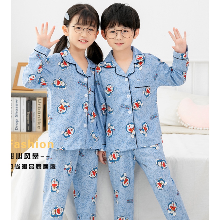✅ Pizama Cotton Đũi Nhật Bản Doremon xanh CD08 tay dài trẻ em đồ ngủ| đồ đi chơi bé trai gái