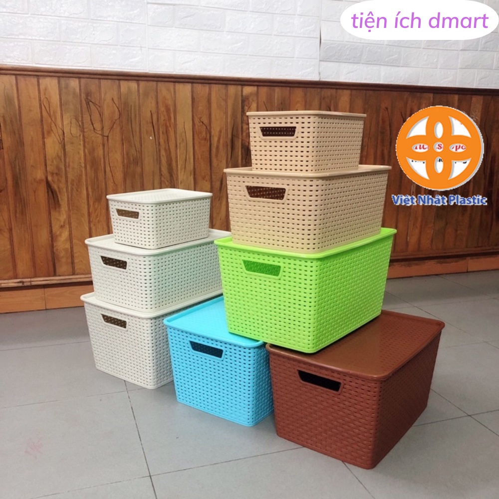 rổ nhựa chữ nhật , giỏ đựng đồ có nắp phong cách Hàn Quốc nhựa Việt Nhật