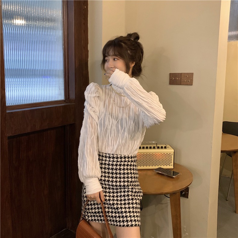 ZHELIHANGFEI Áo Thun Tay Dài Phồng Cổ Cao Theo Phong Cách Retro Dễ Phối Đồ